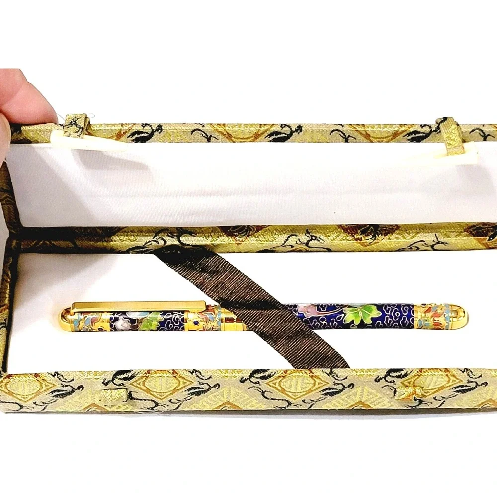 Vintage Blue Ink Pen Floral Cloisonne Retractable Gold Trim Gift Box